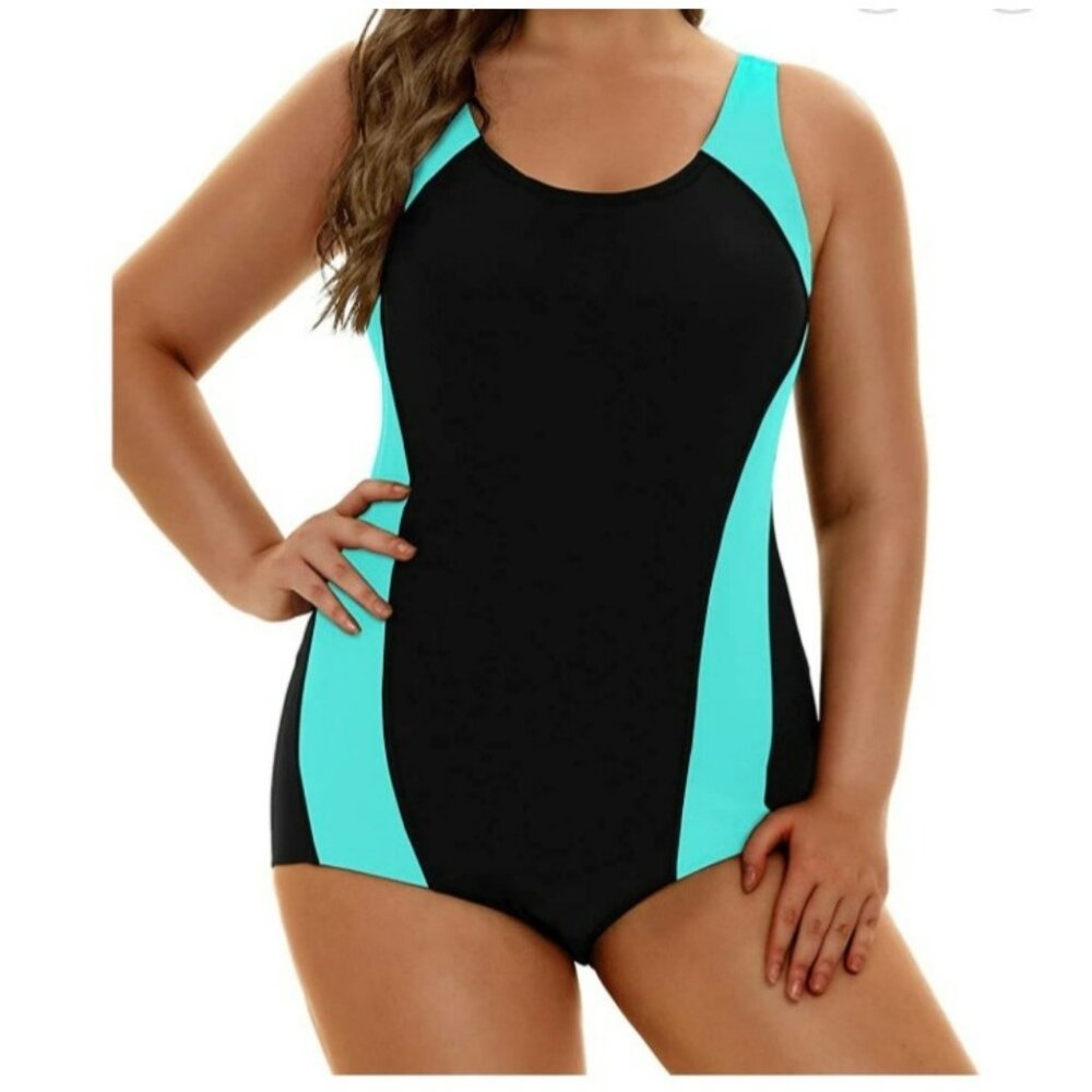 Aqua Eve Womens 16W Plus Size Black & Aqua One-Piece SwimsuitRaceback